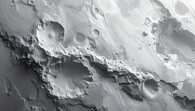 Detailed grayscale view of a rocky planetary surface featuring ancient impact craters and rugged geological terrain