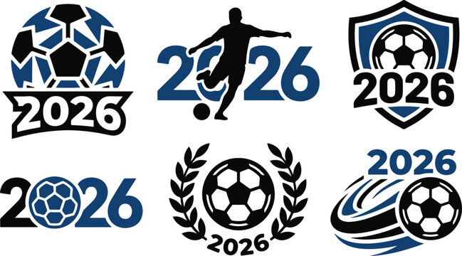 Set of soccer 2026 tournament logo designs with balls and player silhouettes.