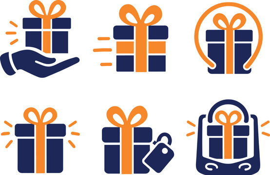 Set of flat vector icons representing gift boxes and shopping concepts in orange and dark blue.