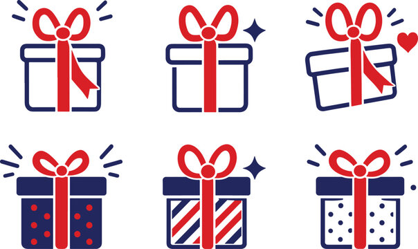 Set of six stylized gift box icons with red ribbons and various patterns.
