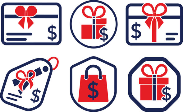 Set of flat vector icons representing gift cards and shopping vouchers with dollar signs.