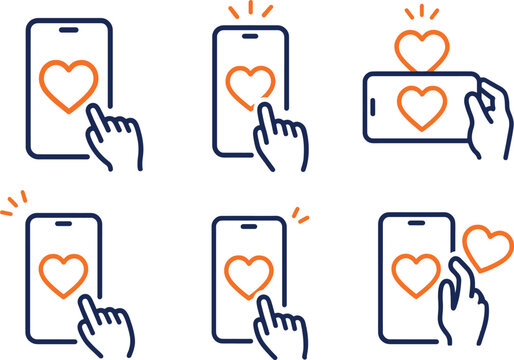 Set of mobile phone interface icons showing social media heart like interactions.
