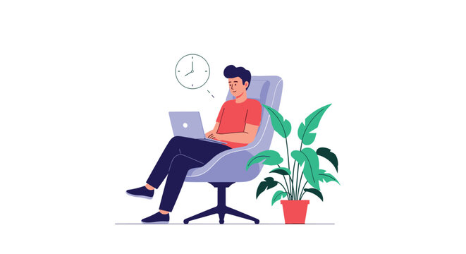 Tired male freelancer working on his laptop at night while sitting in a comfortable armchair under a clock.
