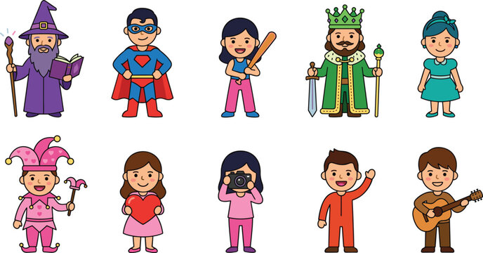  Cute Cartoon Kids Character Avatar Set with Wizard Superhero King Jester Musician and Photographer Costumes for Children Profile DesignsCute Cartoon Kids Character Avatar Set with Wizard Superhero Ki