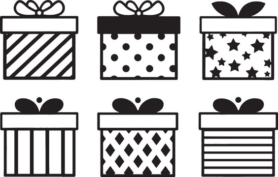 Set of six black and white gift box icons with various patterns.