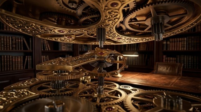 Intricate brass clockwork gears in a vintage library setting