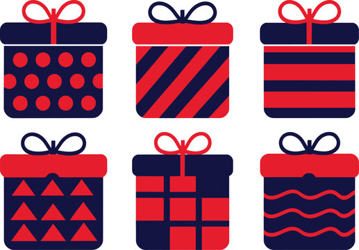 Set of six decorative gift boxes with various geometric patterns in red and dark blue colors.