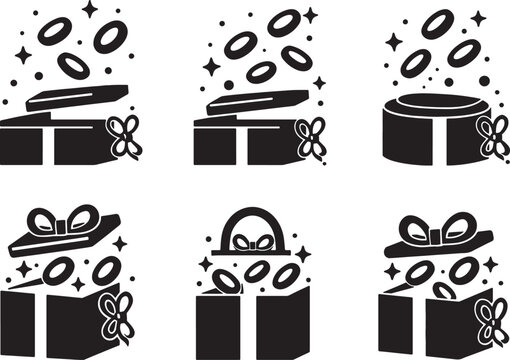 Set of black and white icons showing gift boxes with coins popping out.