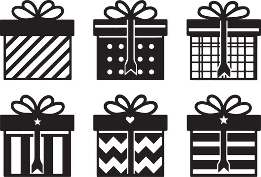 Set of six black and white gift box icons with various patterns.