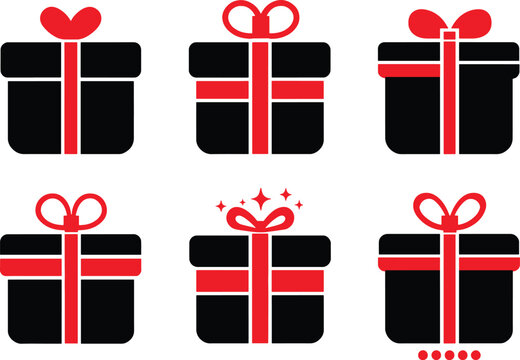 Set of black and red gift box icons for holidays and celebrations.