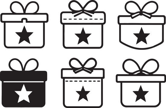 Set of six simple gift box icons with star symbols and ribbons.