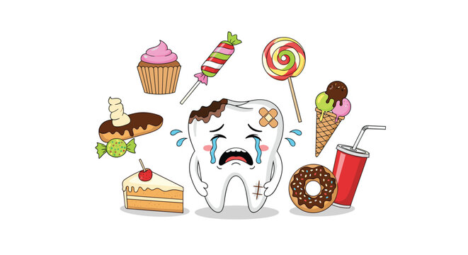 Crying decayed tooth cartoon character surrounded by unhealthy sweet foods causing dental caries and pain.
