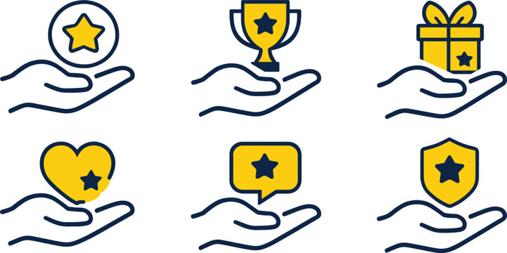 Set of flat line icons showing hands holding various reward and feedback symbols.