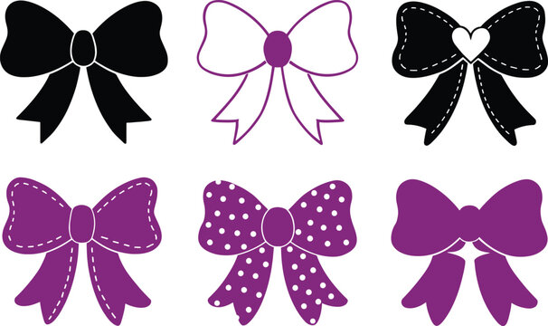 A collection of decorative ribbon bows in black and purple colors on a white background.