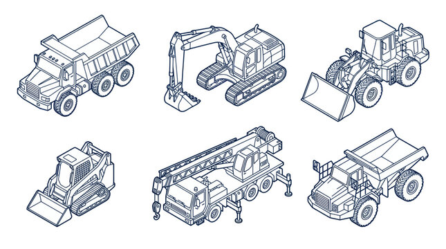 Construction Vehicles Set: Dump Truck, Excavator, Loader, Bobcat, Crane, Tipper