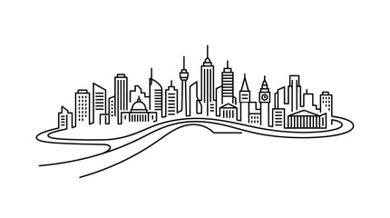 Fototapeta premium Modern Cityscape Skyline Outline Drawing, Business District, Urban Development