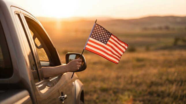 American flag waving from vehicle window during scenic countryside sunset drive, patriotic travel concept celebrating USA Independence Day, freedom, adventure and national pride