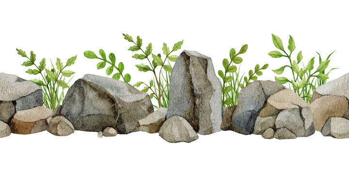 Stone seamless border with rocks, pebbles and wild plants isolated on background. Watercolor hand painted terrain asset for landscape scenes game design, maps, platformers and  fantasy environments