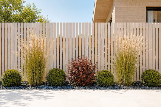 Modern birch wood fence with ornamental shrubs and black gravel landscaping