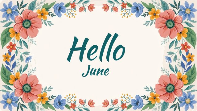 Elegant floral border illustration with Hello June text on a light cream background