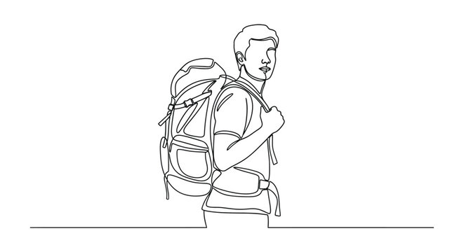 Continuous line drawing of a male hiker with a large backpack