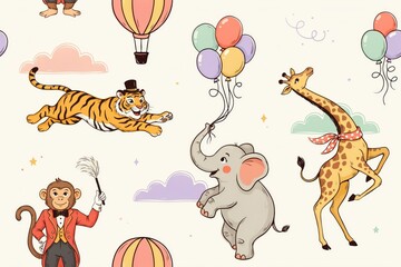 Naklejka premium Circus themed seamless pattern with cute animals including a tiger elephant giraffe and monkey with balloons on a cream background