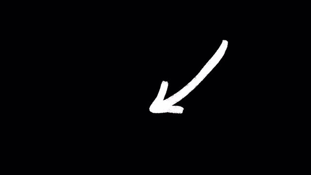 White hand drawn arrow pointing down and left on a black background.