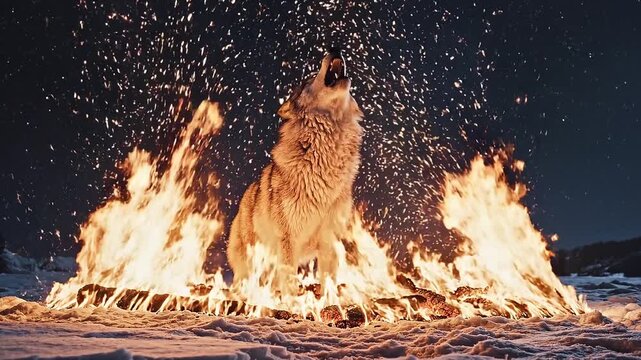 Majestic Wolf Howling in Ring of Fire on Snow at Night