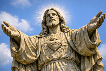 Obraz premium Stone statue of Jesus Christ with outstretched arms. Heart symbol on chest. Sunburst halo above head. Blue sky with white clouds behind