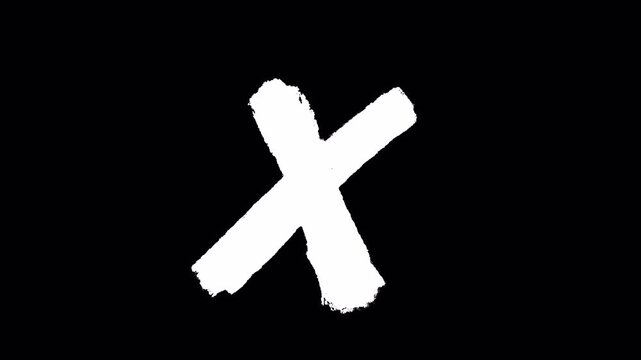 White hand drawn cross mark on black background.