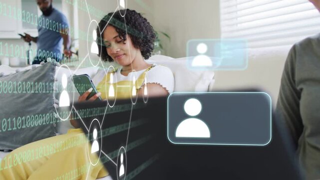 Seated woman tapping phone and starting binary code, avatars and nodes linking people and devices