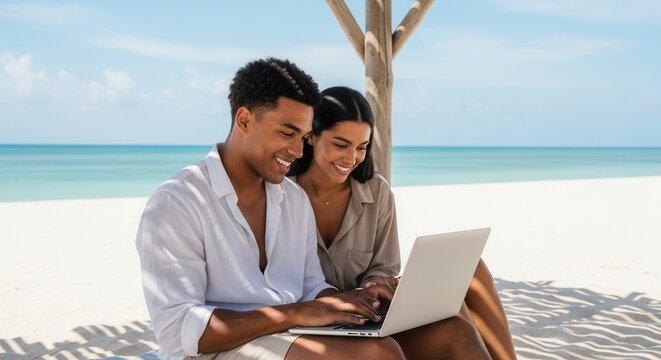 Couple Working on Laptop at Tropical Beach Paradise