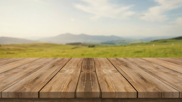 Empty wooden table top with blurred green landscape and mountain background