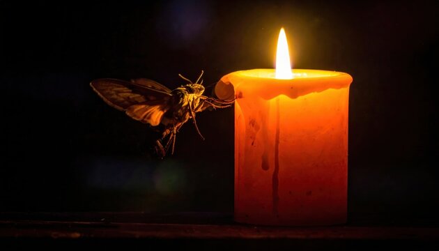 Moth drawn to a flickering candle flame, captured in dramatic backlit silhouette against the darkness.