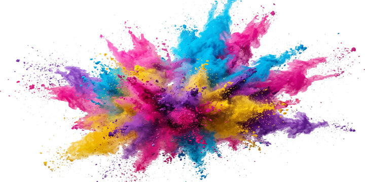 Explosion of Color: A vibrant burst of Holi powder in shades of pink, blue, yellow, and purple explodes outwards against a white background, symbolizing joy and celebration.