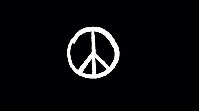 White hand drawn peace symbol animation on black background.