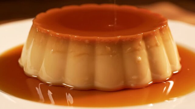Caramel sauce being poured over a delicious custard pudding flan on a white plate