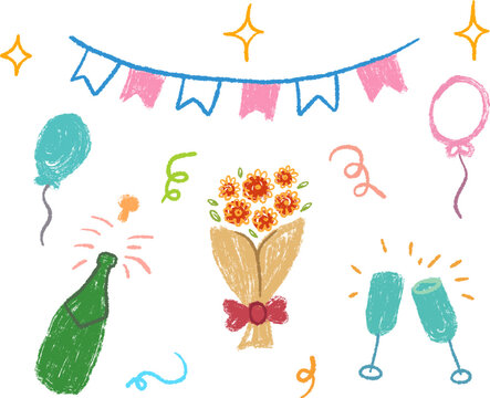 Crayon style hand drawn graduation party elements vector illustration in childlike doodle style. Features popping champagne bottle, cheering glasses, flower bouquet, balloons, confetti