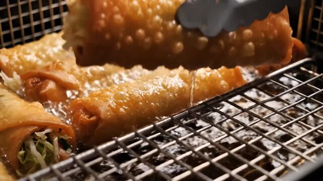 Crispy egg rolls deep frying in a commercial kitchen basket with golden blistered skin and cabbage