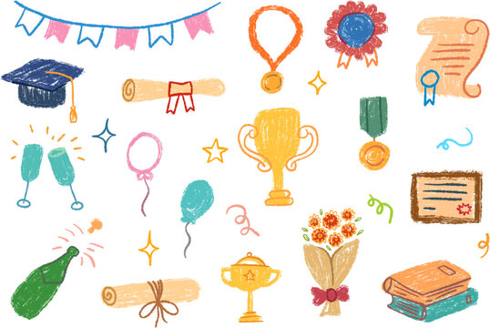 Hand drawn wax crayon style graduation elements vector set in childlike style. Includes academic cap, diploma scrolls, trophies, medals, champagne bottle, balloons and party bunting 