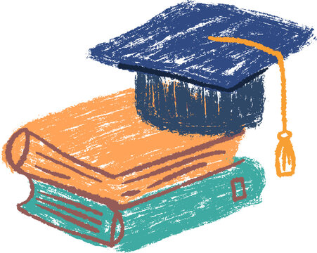 Hand drawn crayon style academic mortarboard hat sitting on top of stack of textbook study books in naive doodle style. Higher education success concept isolated on white background.