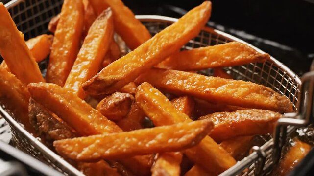 Crispy sweet potato fries deep frying in bubbling oil and lifted in a wire basket
