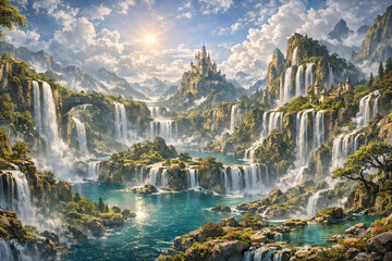 Obraz premium A majestic waterfall cascades into a serene lake amidst a mystical castle perched on a cliff under the sun.