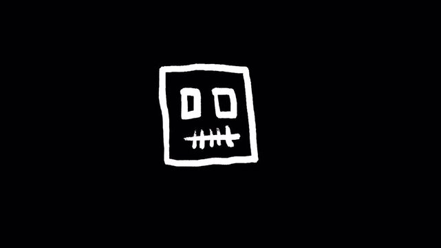 Minimalist hand drawn doodle of a square robot face with stitched mouth.
