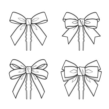 Hand drawn sketch of set of tiny velvet ribbon bow hairpins isolated. Line art illustration.