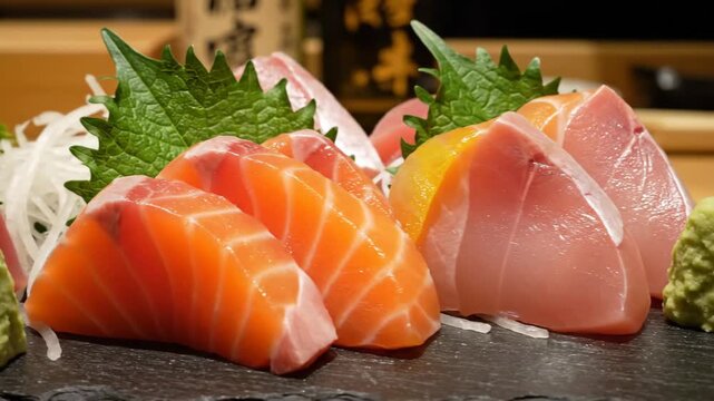Fresh salmon and tuna sashimi slices with wasabi and shiso leaves on a slate plate in a sushi bar