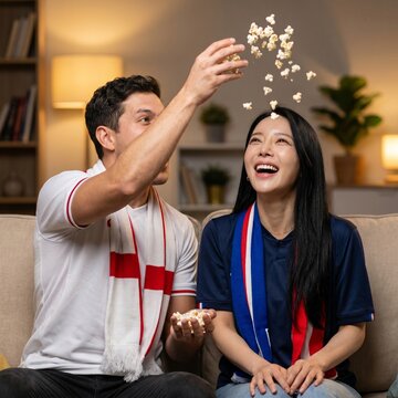 Multiethnic couple cheering and throwing popcorn on sofa at home