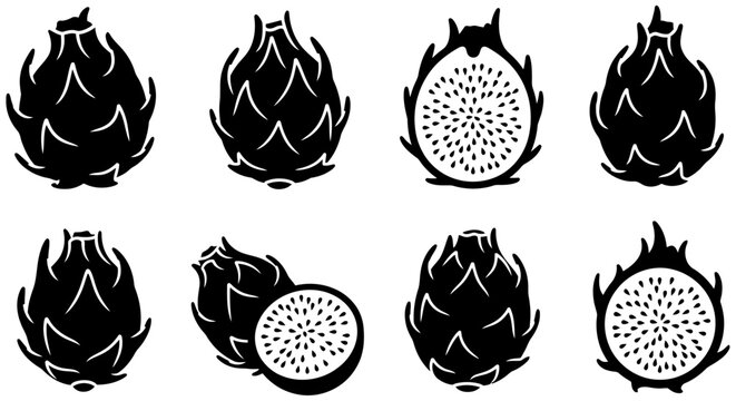 Dragon Fruit Silhouettes And Cross Sections Black Vector Illustration dragonfruit