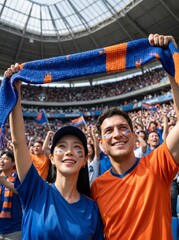 Naklejka premium Diverse young couple cheering with scarf in a crowded sports stadium