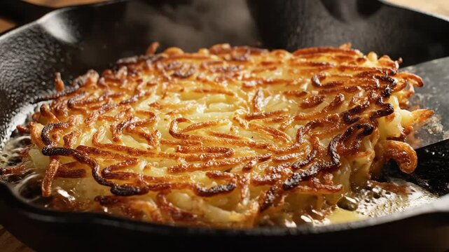 Golden brown Swiss potato rosti frying in a cast iron skillet with bubbling butter and steam